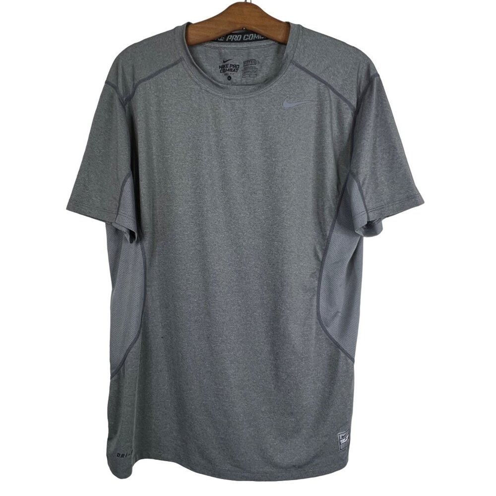 Nike Pro Combat Shirt Size Large Gray Dri Fit Vented Short Sleeve Active Sport